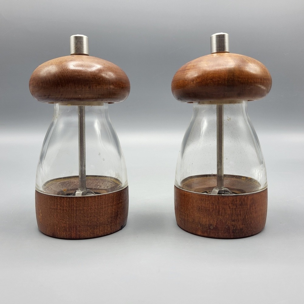 Salt and Pepper Grinder Set Mushroom Shape MCM Wood Glass Brown Kitchen Decor